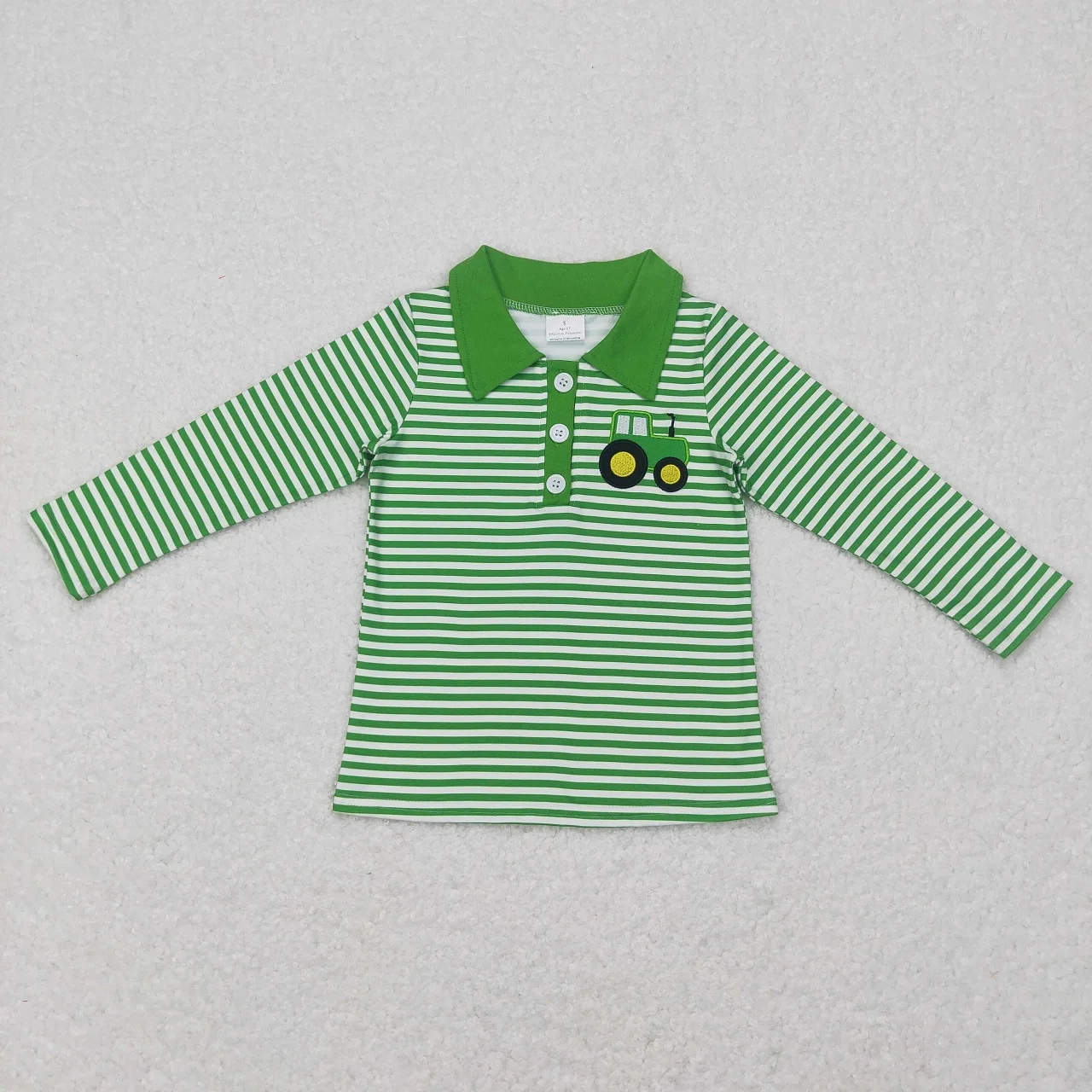 

Wholesale Children Tractor Embroidery T-shirts Toddler Zipper Pullover Long Sleeves Boy Green Stripes Shirt Kids Lapel Zipper