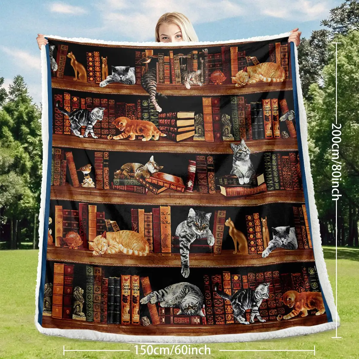 Vintage Kitten Sherpa Blanket for CAT in The Bookshelf Throw Blanket Librarian Book Lover Gifts Fleece Blankets for bed Couch