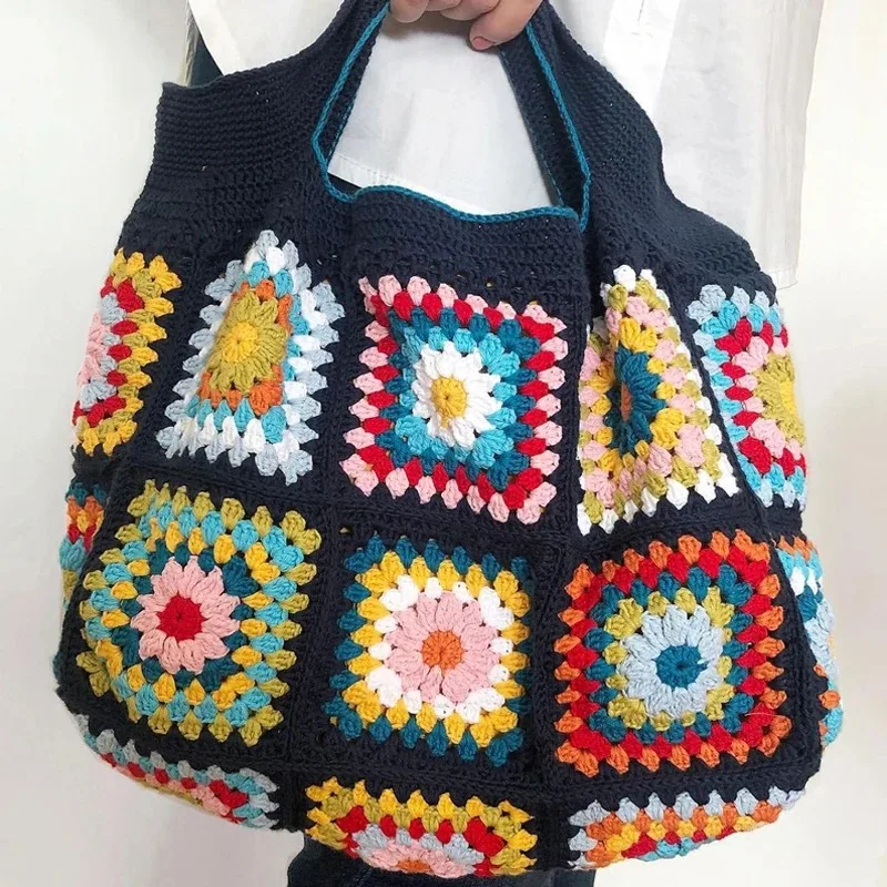 Bule Handbags Boho Hippie Square Flowers Bag for Women High-Capacity Crochet Cute Purses  Hollow Out Colorful DIY Knitting Bags