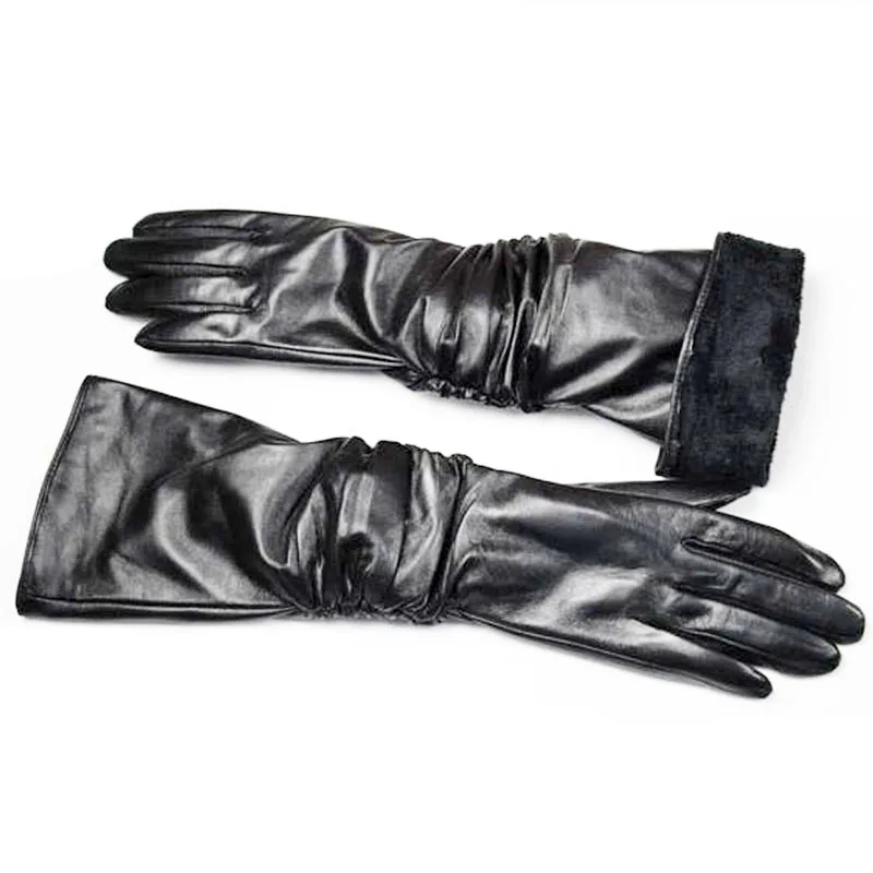 Guantes largos de piel de oveja para mujer, de piel auténtica, hasta el codo, estilo de botón a la moda, forro de terciopelo, calidez para otoño e invierno