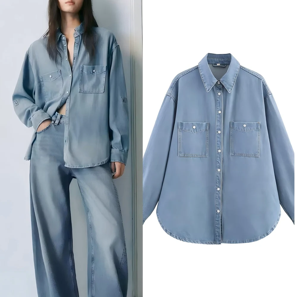 

Женская новая модная свободная однобортная джинсовая рубашка с карманами и карманами, женская рубашка в стиле ретро с лацканами и длинными рукавами, шикарный топ