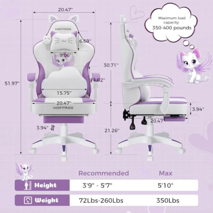 Gaming Chair for Girls: Purple PU Leather with Cat Ears Design and Built-in Massage Function