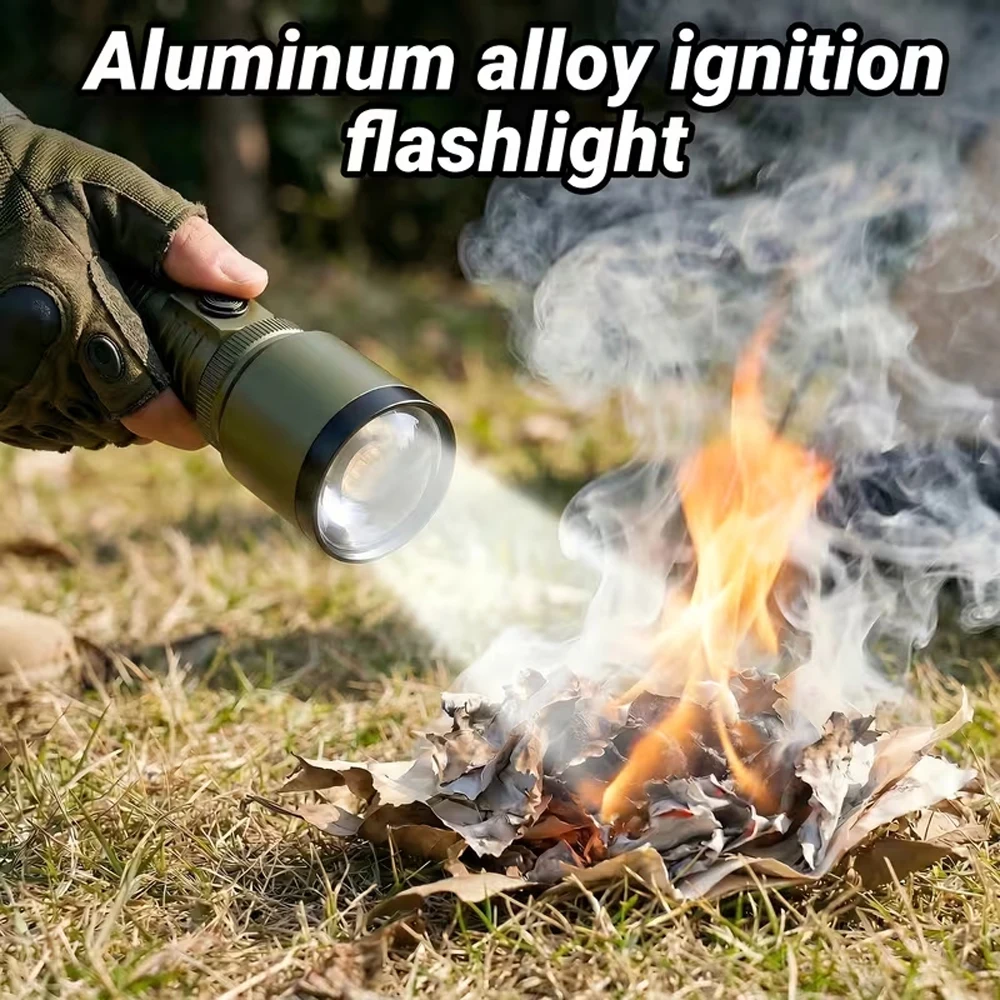 Taschenlampe mit Feuerzeug & Powerbank Kombi, Wiederaufladbar, Zoombarer Superheller Strahl, 5 Modi Taschenlampe für Outdoor Camping Notfälle
