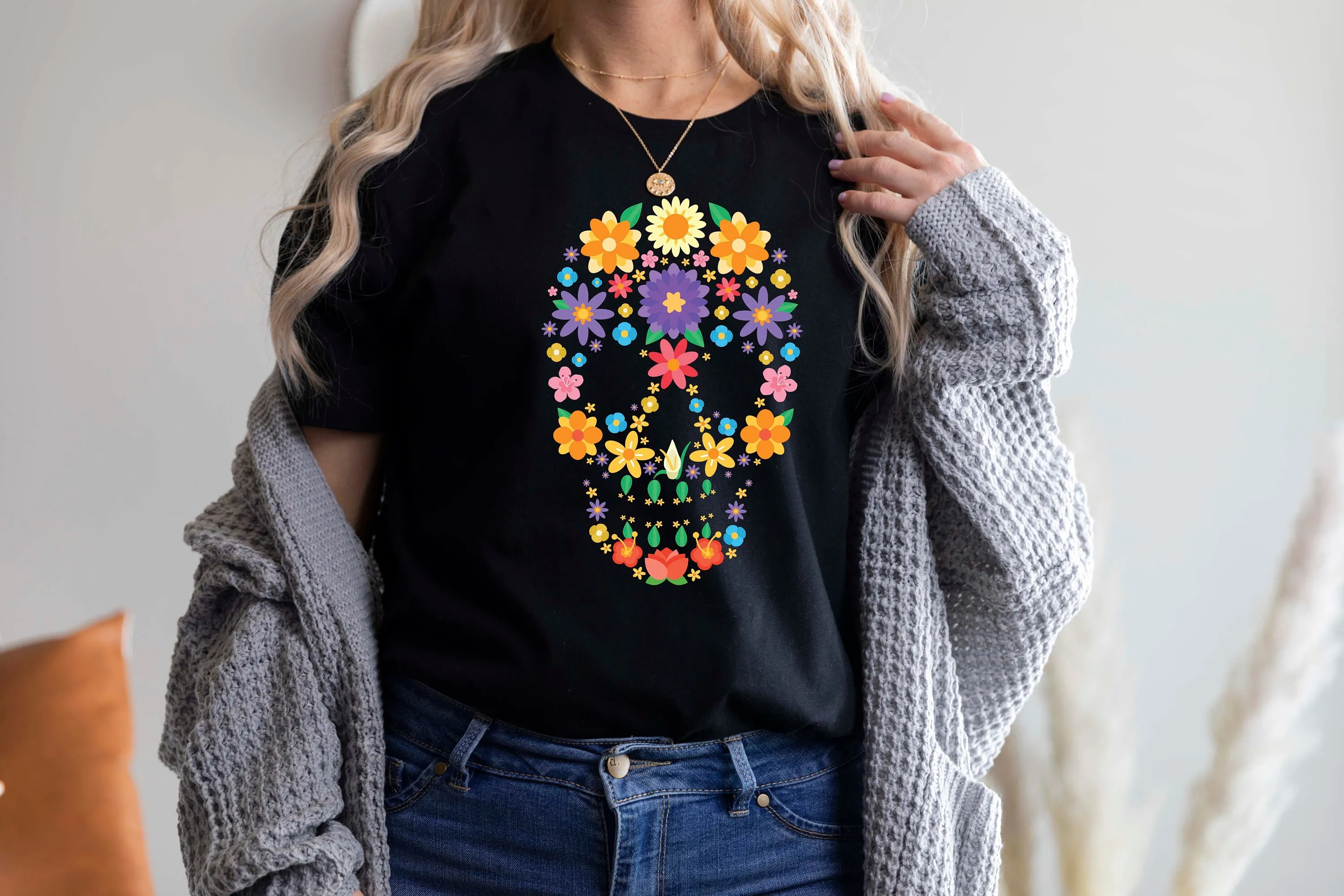 Camiseta Floral de calavera de azúcar de flores para mujer