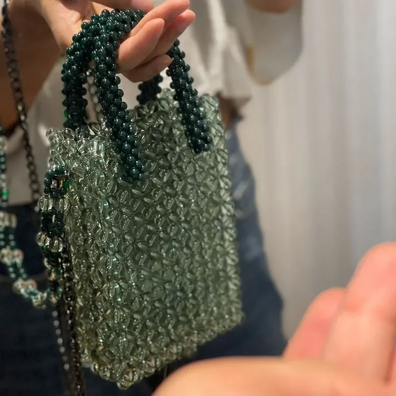 Imagem -04 - Bolsas Crossbody Frisados Tecidos à Mão para Mulheres Cristal Verde Moda Feminina Delicada Bolsa Simples 2024