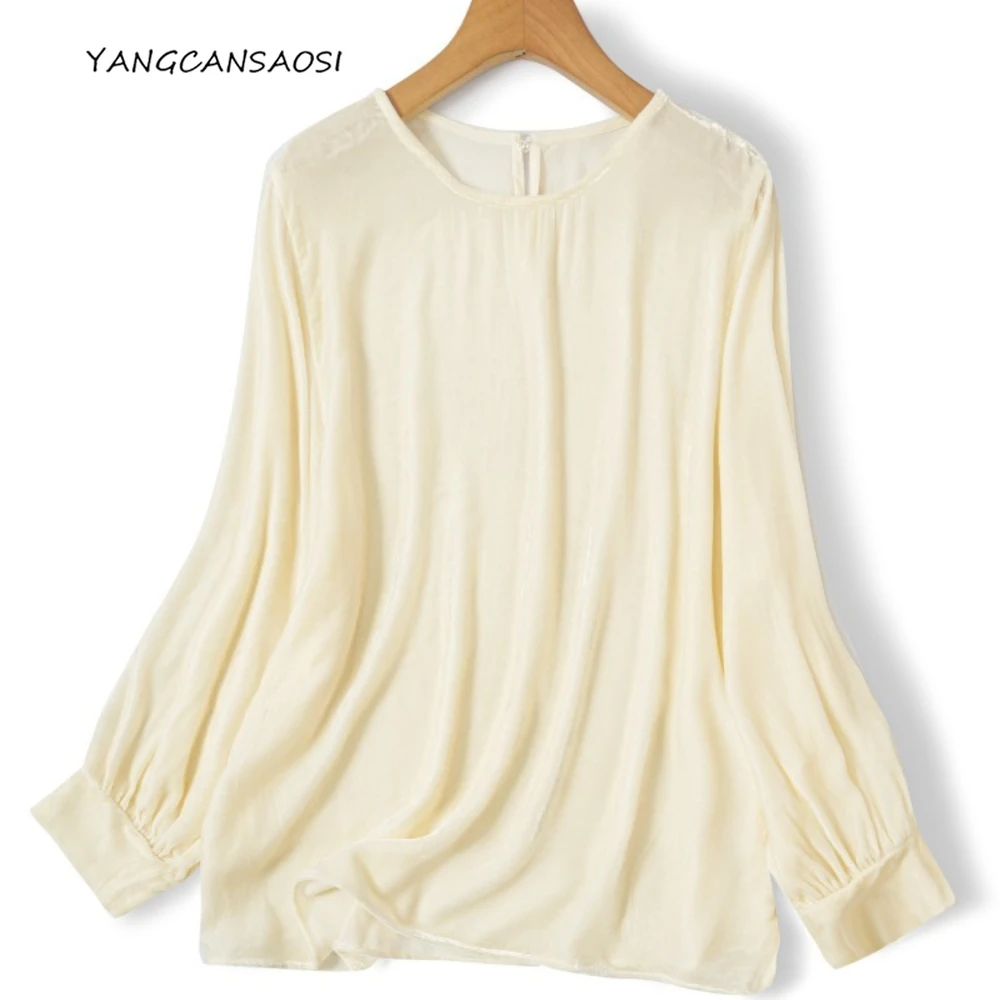 

2025 Women's Fashion Autumn Clothing 30% Natural Mulberry Silk Velvet Round Neck Long Sleeve Versatile Solid Color T-shirt