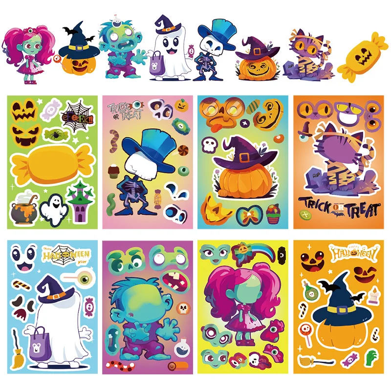 

8 шт., наклейки-головоломки с изменением лица на Хэллоуин, креативные наклейки-головоломки с мультяшным фестивалем «сделай сам», коллажи для лица