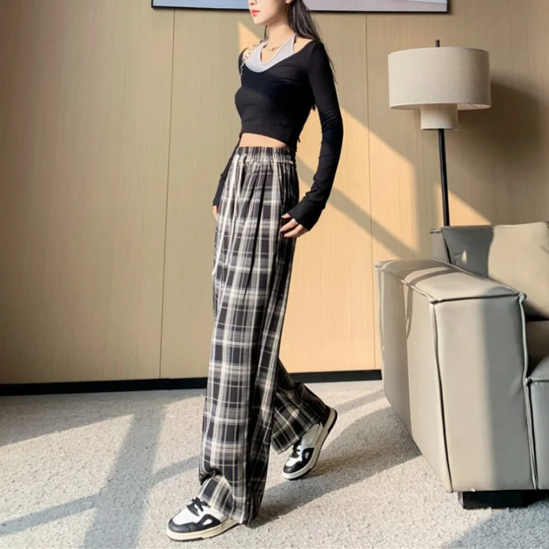 

Женские длинные брюки: хит продаж весна-лето, с высокой талией, тонкие, в ретро-клетку, прямые, повседневные, широкие штанины