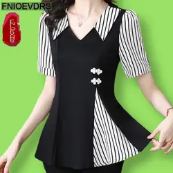 L-5XL 2024 Summer Peplum V Neck Tops Women Basic Wear Office Lady Short SleeveFashion Retro Vintage French Stripe Shirts Blouses