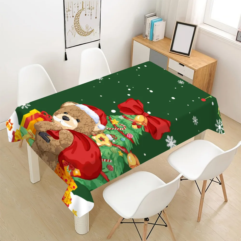 Christmas Tablecloth Green Forest Scene Bear and Festive Garland Waterproof Dining Table Cover for Holiday Decor