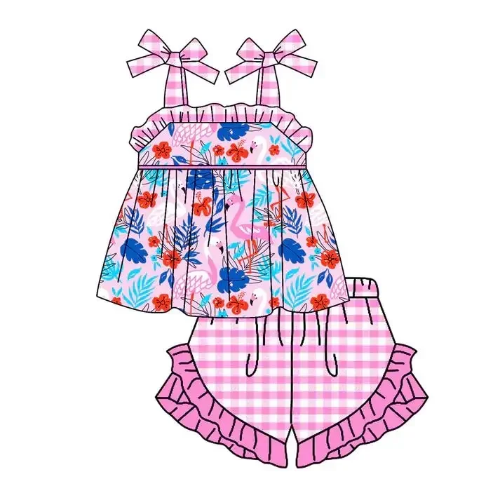 

Girls series boutique clothing suspender bow bird small floral print shorts lace children's set baby romper girl dress