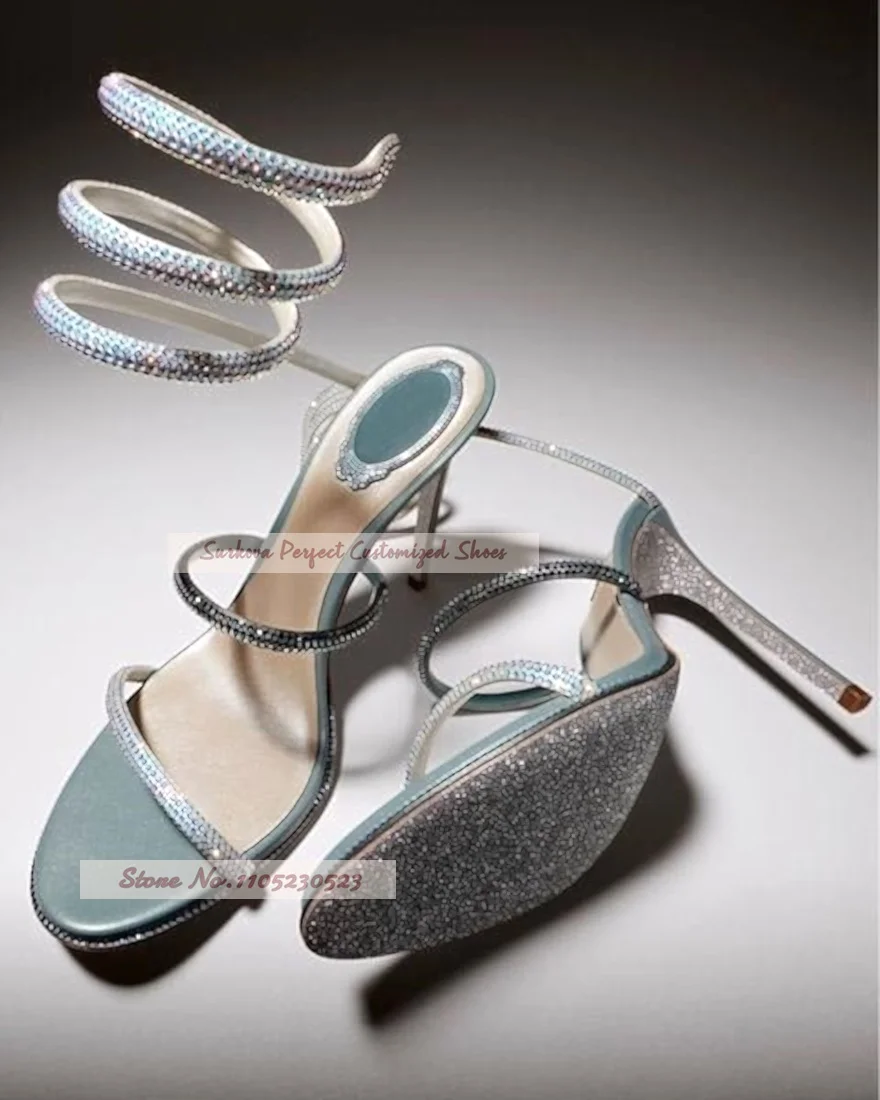 Gold Neon Blue Glitter Crystal Snake Shaped Sandals Bling Bling Rhinestone Twisted Strap Wedding Shoes Stiletto Heels