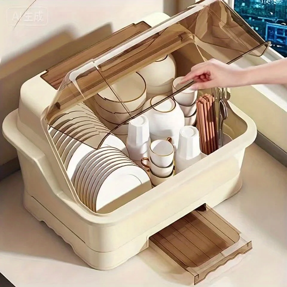 

Lidded Dish Rack - Space-Saving Dustproof Kitchen Storage, Drainboard, Utensil Cabinet, Fits Countertop & Cabinet Area