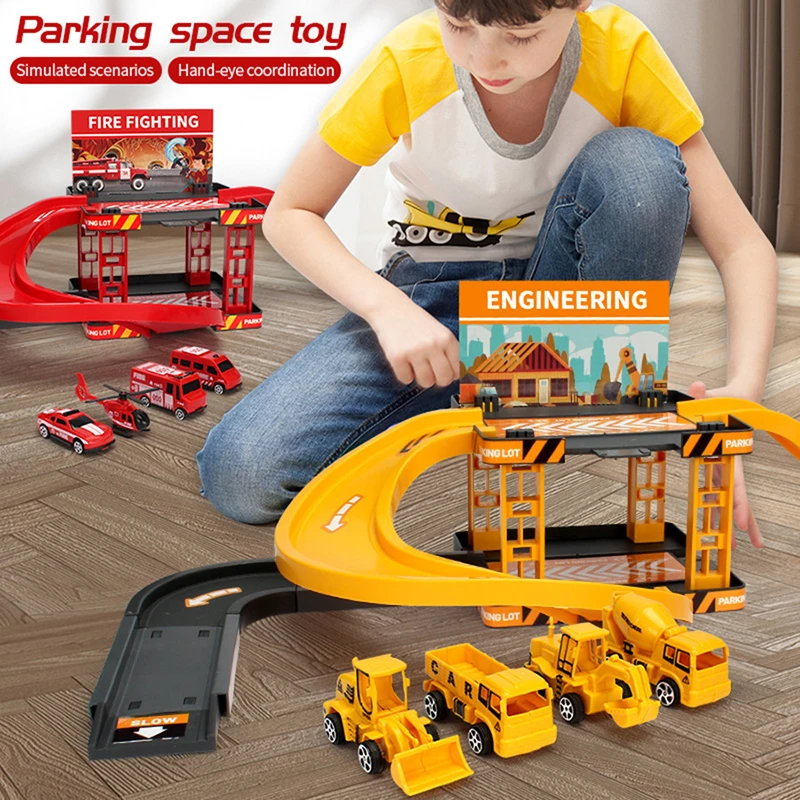 Coche de pista de estacionamiento, juguetes para niños, coches de policía, motores de bomberos, vehículo de ingeniería, rampa, construcción de carreteras, juegos de pista deslizante inercial