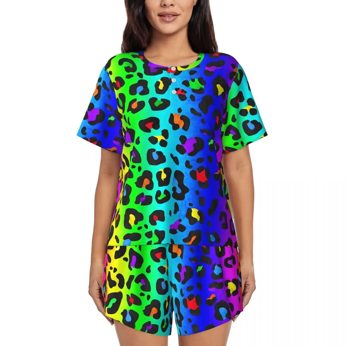 

Комплект женской пижамы с радужным леопардовым принтом по всей поверхности, с круглым вырезом, короткими рукавами и шортами, для сна
