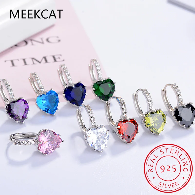 Genuine Garnet Amethyst Citrine Peridot Blue Topaz 925 Sterling Silver Heart Hoop Earring for Women Colorful Gemstone Jewelry