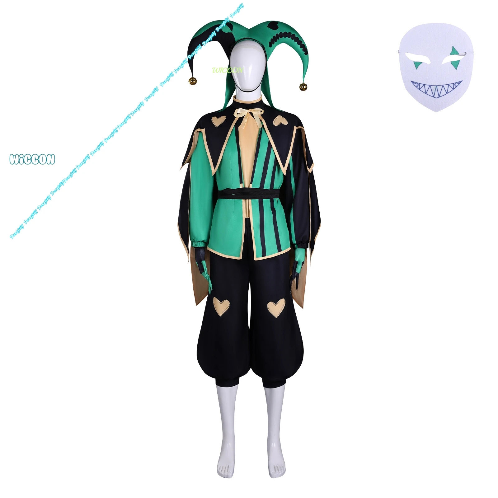 Freak Circus Clown Three Roles Pierrot Harlequin Jester Cosplay Full Costume Set Mask Wig For Halloween Roleplay Event