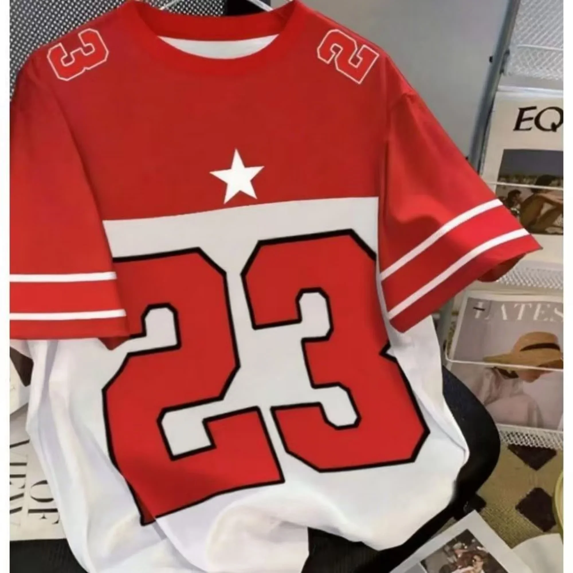 Men's Quick-dry Tee 23 Number Star Pattern T shirt Red White Style Dry  Striped Design Casual Daily Wear Tshirt Trendy Sports