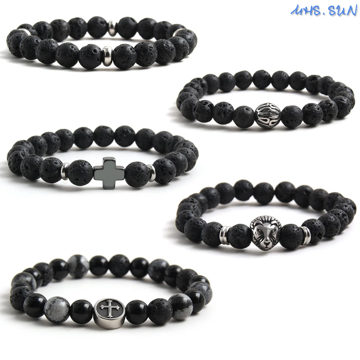 MHS.SUN Handmade Cross Volcanic Beads Bracelet For Men Lava Stone Elastic Pulseras Hombre Stainless Steel Healing Jewelry