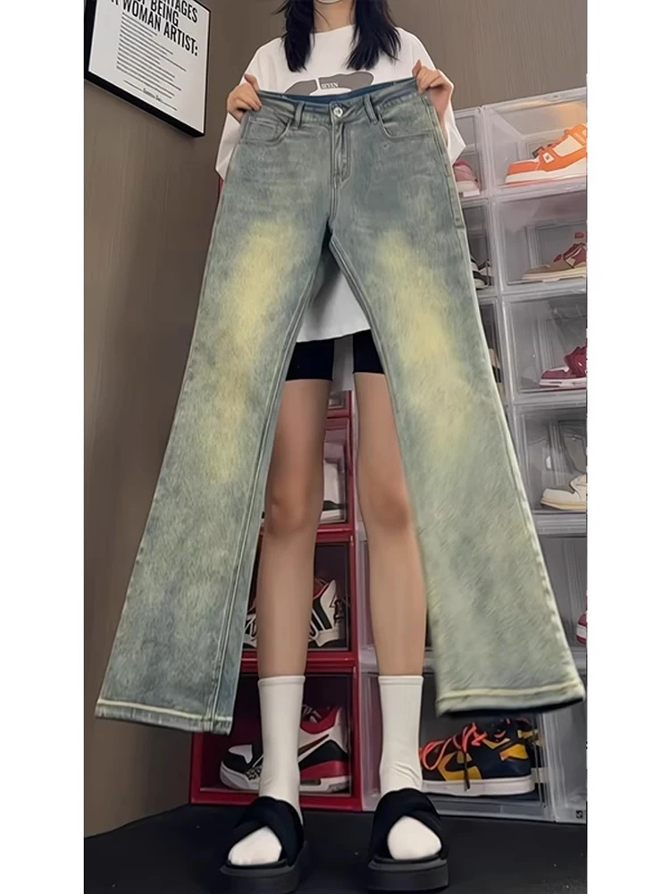 

Синие джинсовые джинсы с завышенной талией в стиле ретро, мужские узкие прямые брюки, весна-осень, расклешенные брюки с высокой посадкой, американский High Street Vibe