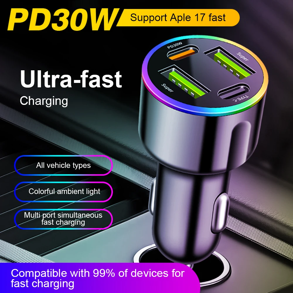 Car Charger USB C Cigarette Lighter USB Charger Fast Charging Dual USB-C USB-A Car Phone Charger Adapter for iPhone 12-24V