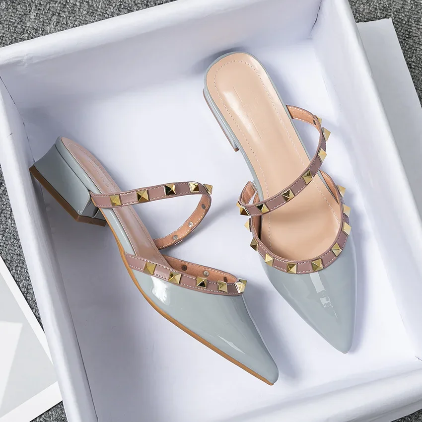2026 Summer with Pointy Half Slippers Women Lazy Muller Shoes Rivet Design Patent Leather Fashion Trend Plus-size Slippers 35-43
