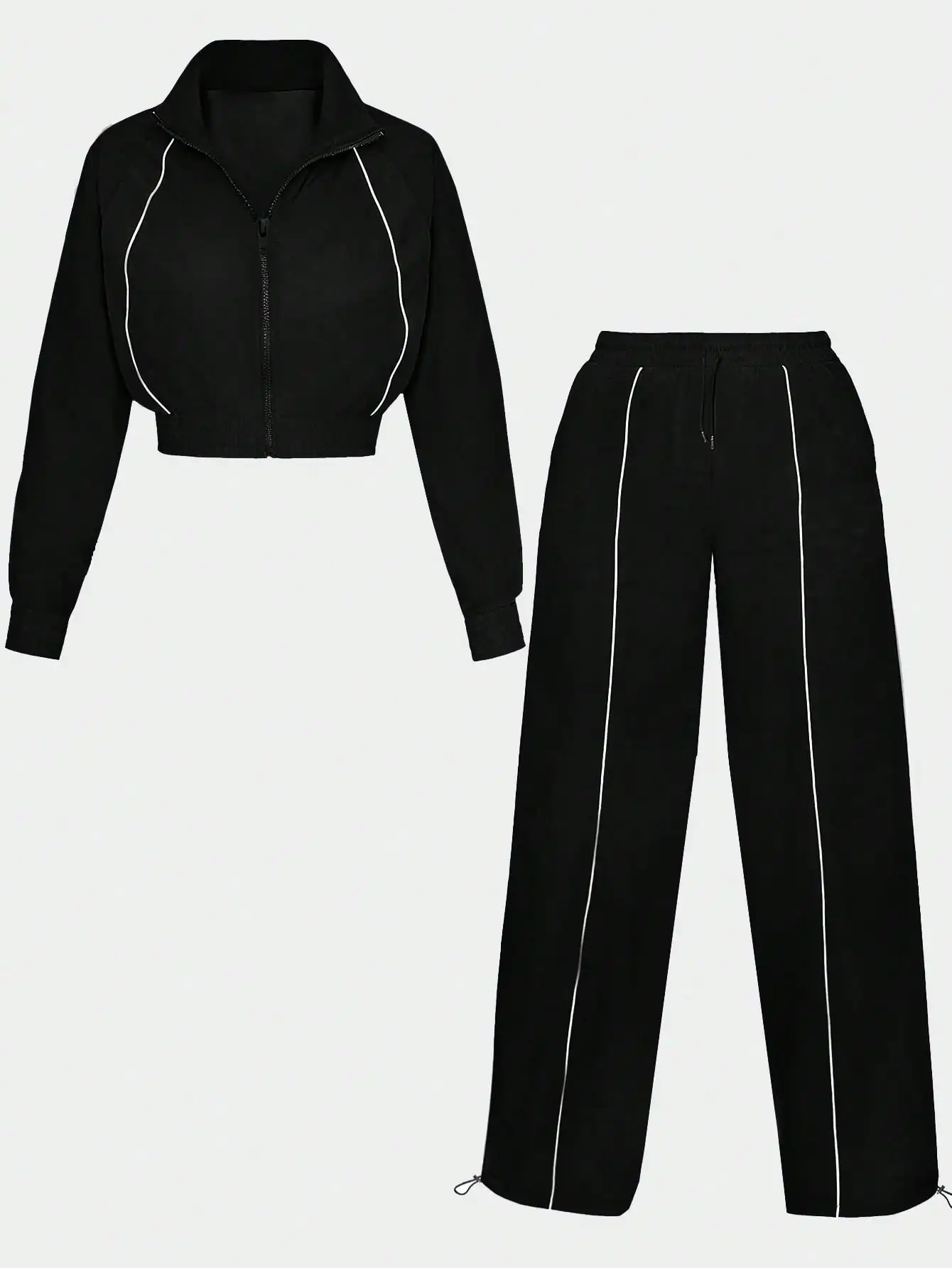 2-delige damesset met zwarte contrasterende strepen en trainingsbroek met wijde pijpen en elastische taille