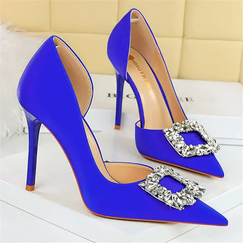 Women Fashion Wedding Party Designer Pink Purple Rose Red Pumps Lady Fetish 10.5cm High Heels Crystal Buckle Satin Evening Shoes