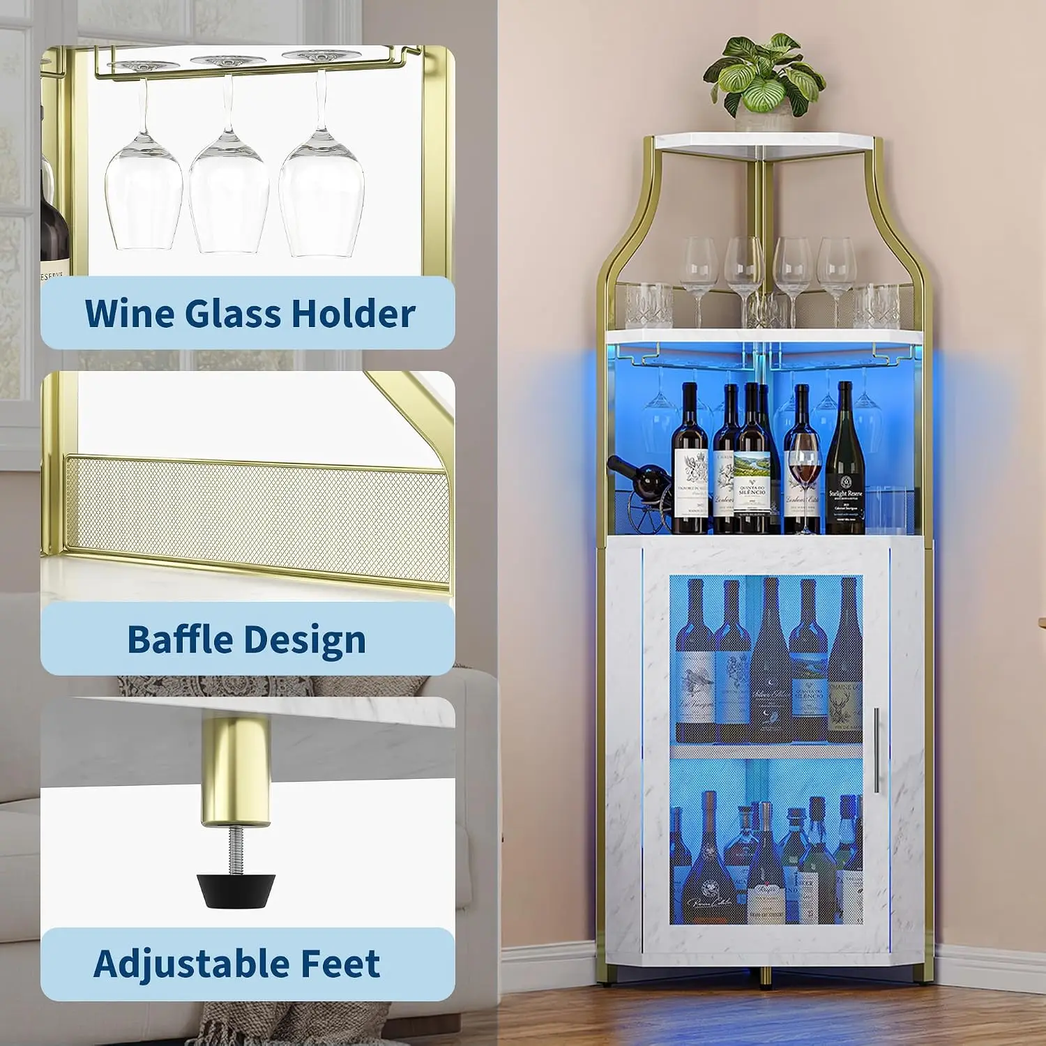 Corner Wine Cabinet LED Lights Glass Holder 5 Tier Modern Bar Storage Kitchen Living Dining Room Gold, Customized
