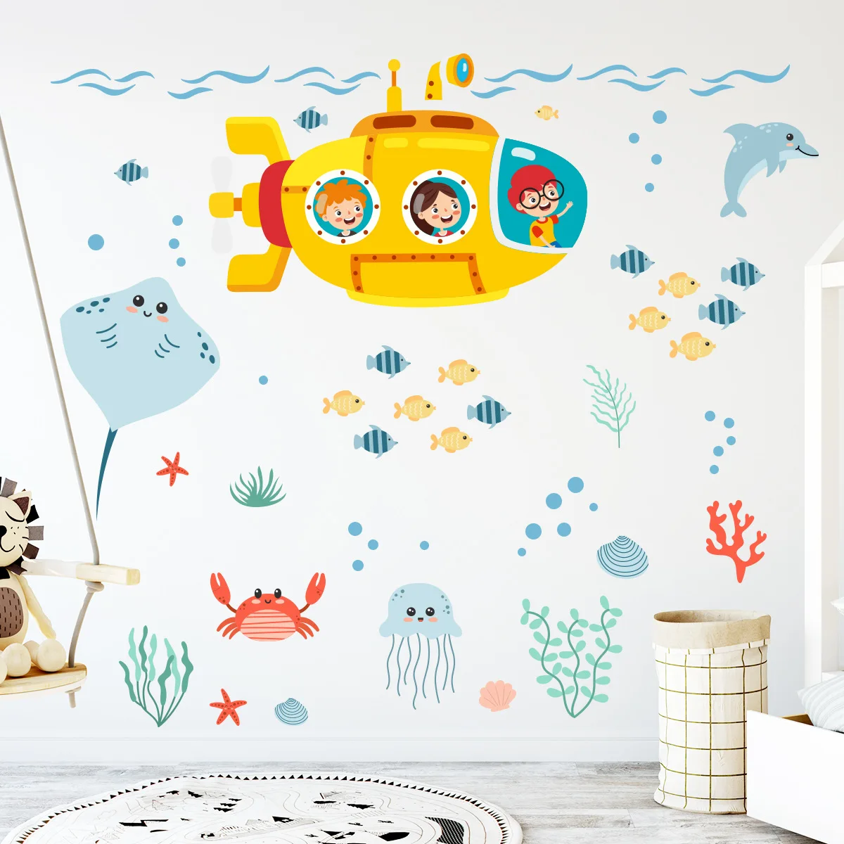 Cartoon Under The Sea Submarine Ocean Fish Wall Stickers Crab Jellyfish Dolphin Coral Decals for Kids Room Nursery Decoration