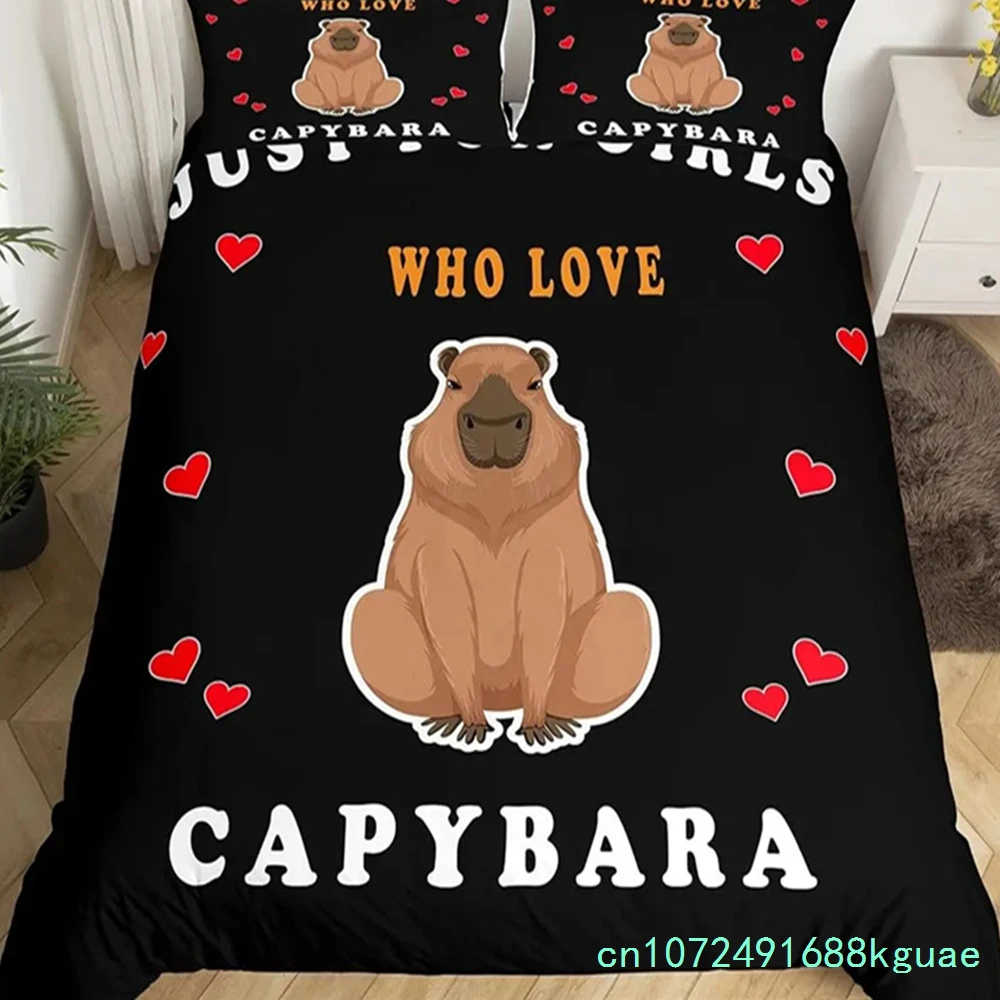 Cute Capybara Print Bedding Sets Full Kawaii Honey Bee Comforter Cover,Cartoon Animals Bed Set Red Love Heart Print Duvet Cover