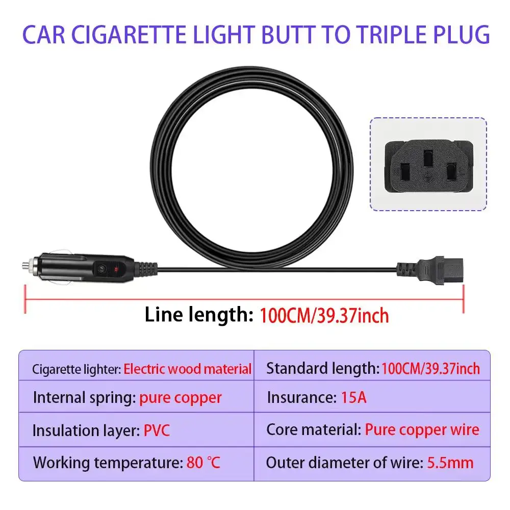 Universal Power Cord 3-Pin Plug With Cigarette Lighter Male Plug With LED Light for Car Electric Pressure Cookers Rice Cookers