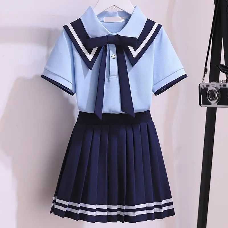 Girls' JK Uniform Clothes Summer Short-sleeved Shirt+Pleated Skirts Japanese School Uniforms,, Navy College Style Pleated Skirt