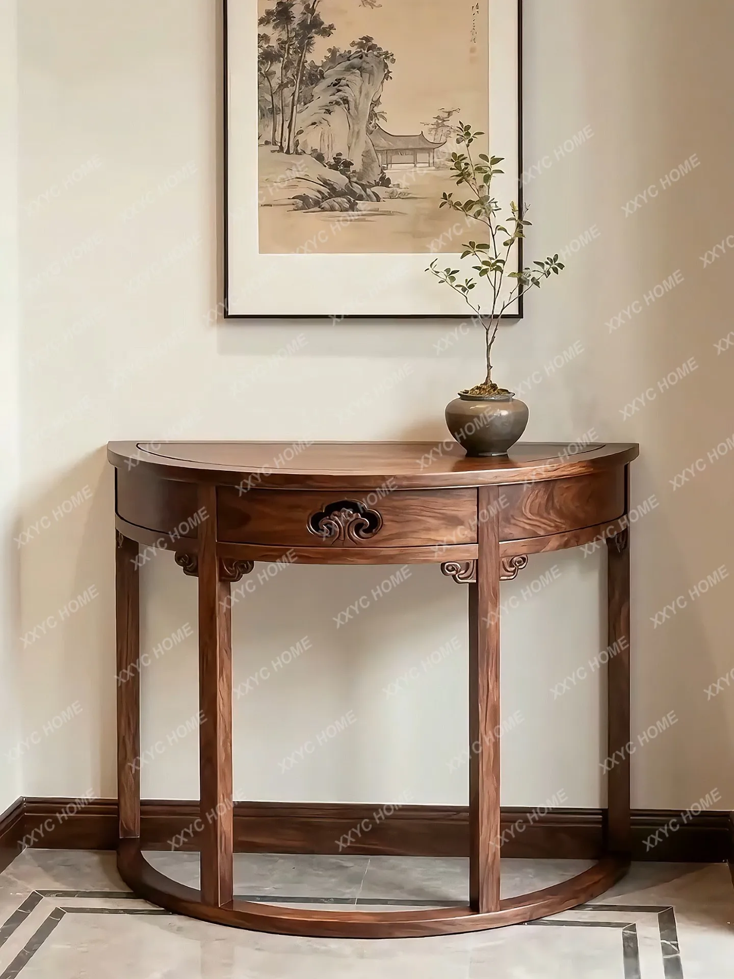 Semi-round entrance table, foyer entry minimalist style solid wood end view platform