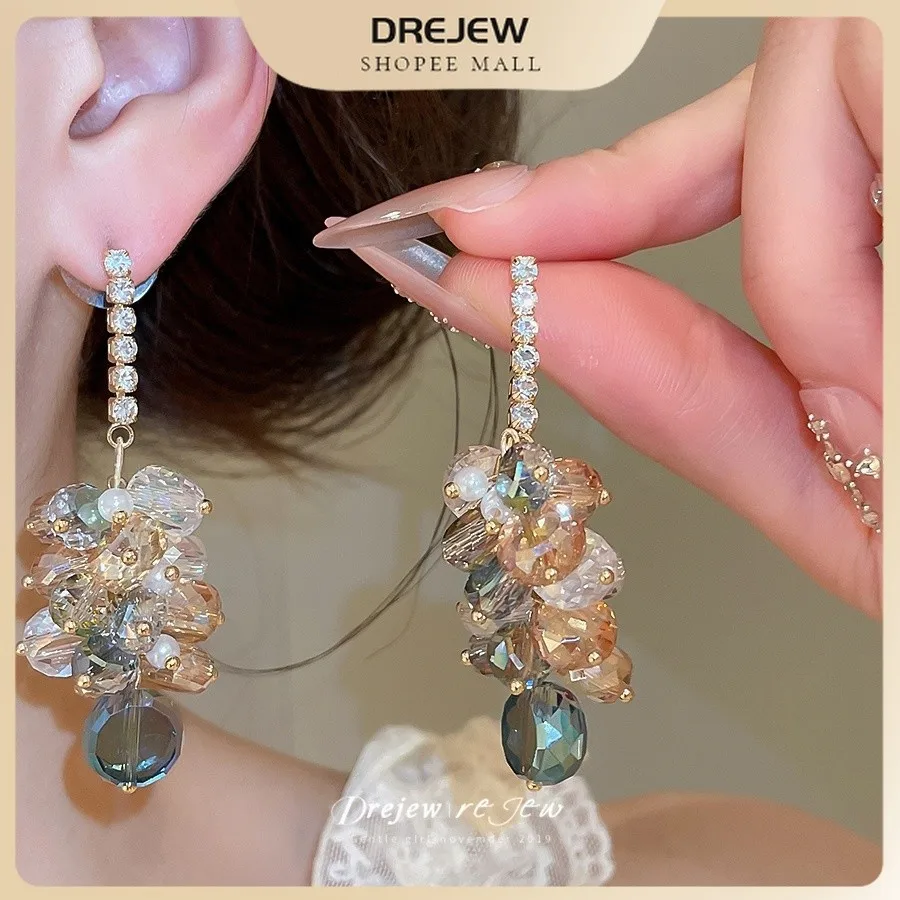 Drejew Alloy Multicolored Faceted Bead Drop Earrings with Cubic Zirconia Bar Delicate Floral Cluster Jewelry for Women Party