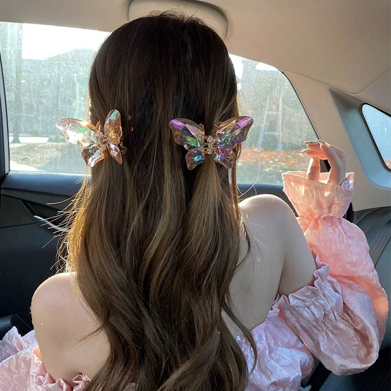 Transparent Butterfly Hair Clip Women Summer Crystal Mermaid Dazzling Color Clip Shark Clip on The Back of The Head