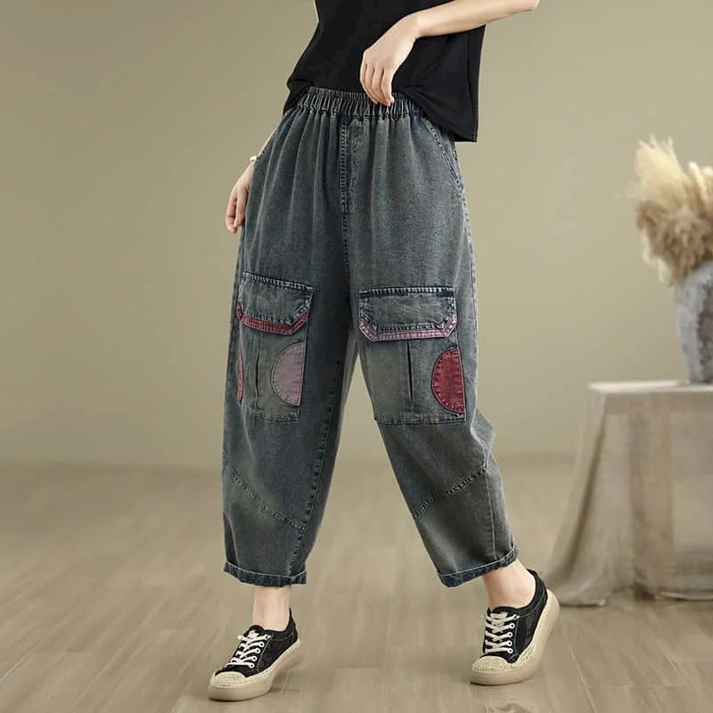 クロップドジーンズ女性カジュアルルーズコントラストカラーパッチワークデニムハーレムパンツヴィンテージ弾性ウエストストリート女性服