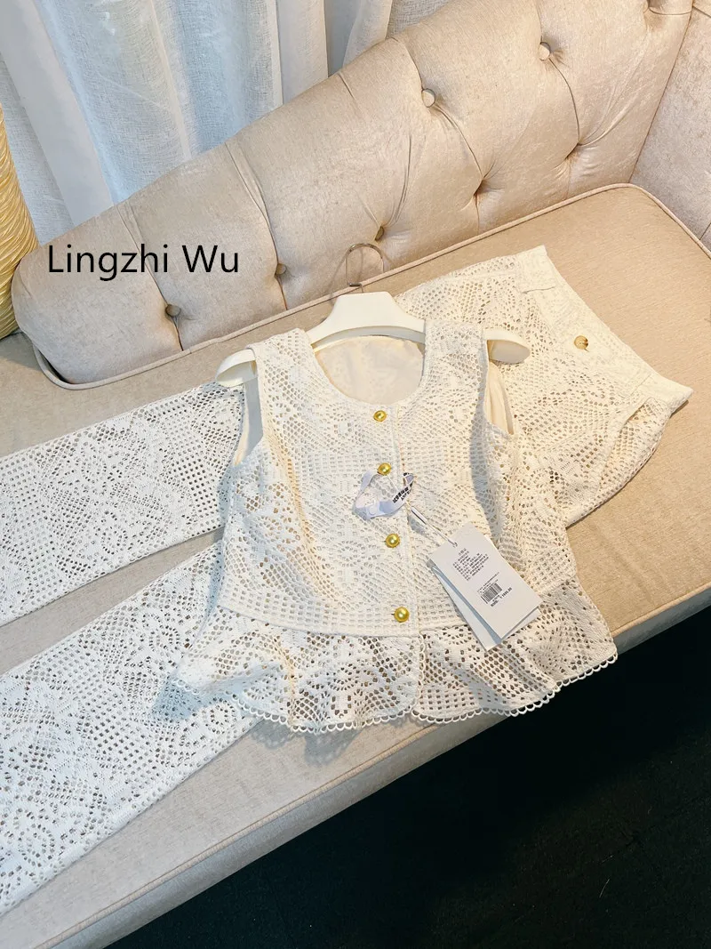 Lingzhi Wu French Elegant White Pants Set All Match Lace Hollow Out Tank Long Pants Suit Najwyższej jakości dwuczęściowy garnitur New Arrival