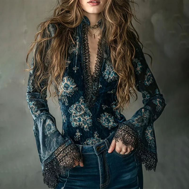 

Floral Sexy V-Neck Blouse Top for Women's Flare Sleeve Velvet Vintage Slim Long Sleeve Retro Gothic Casual Spring Blouse Shirt