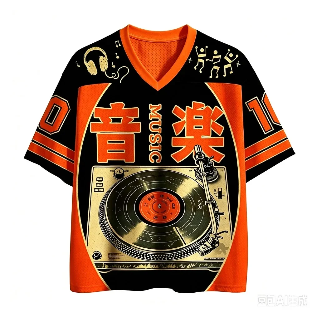Retro-Schallplatten-Muster 3D-Druck Sport Schnelltrocknend Atmungsaktiv Herren Damen V-Ausschnitt Locker T-Shirt Modische Streetwear Elternkleidung – Detail 2