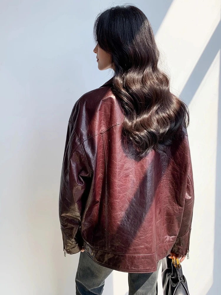 Vestes de moto décontractées en cuir véritable pour femmes, manteau haut de gamme, Simple, ample, cire d'huile douce, en peau de chèvre véritable, printemps automne