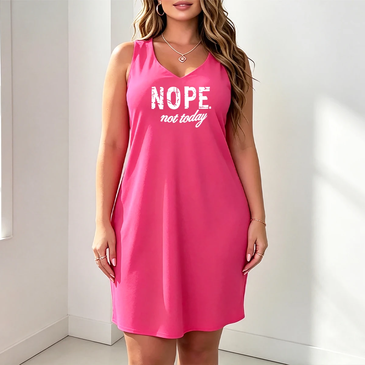Plus Size Sleeveless Dress NOPE not today Distressed Retro Letter Print Loose Straight Cut Casual Dress for Home or Outings
