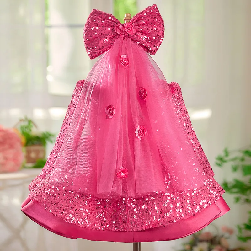 Exquisite elegant girl birthday party dress gorgeous wedding dress sequined long sleeve princess dress formal Christmas children