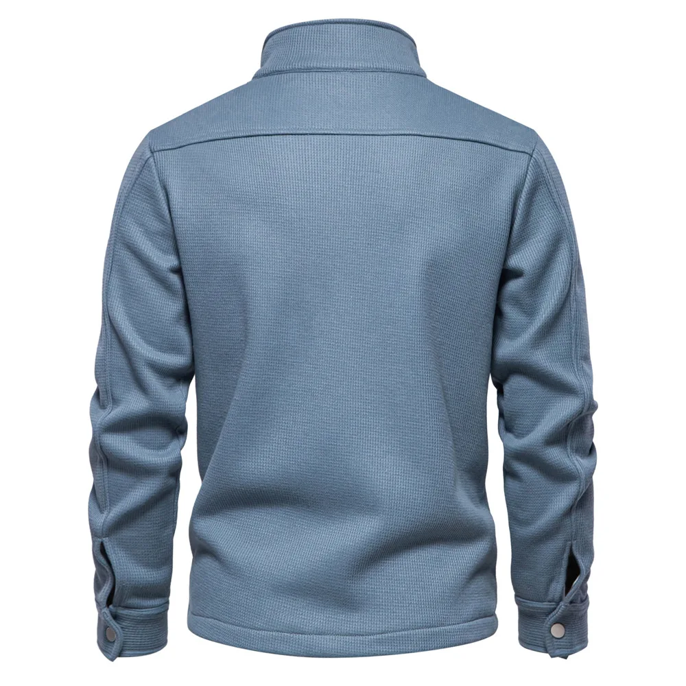 Autumn Winter Fleece Waffle Lapel Zip-Up Jacket Men's Pocket Casual Outerwear