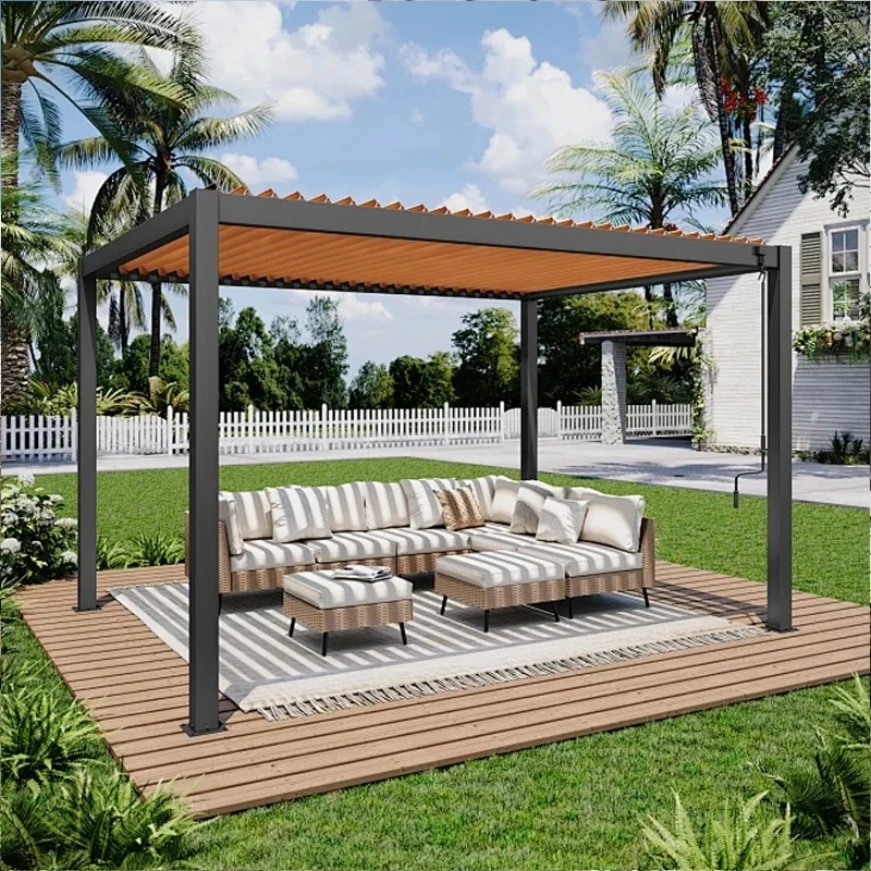 Foldable Aluminum Louvered Bioclimatic Pergola Motorized Waterproof Eco-Friendly Durable Gazebo Integrated Gutter System
