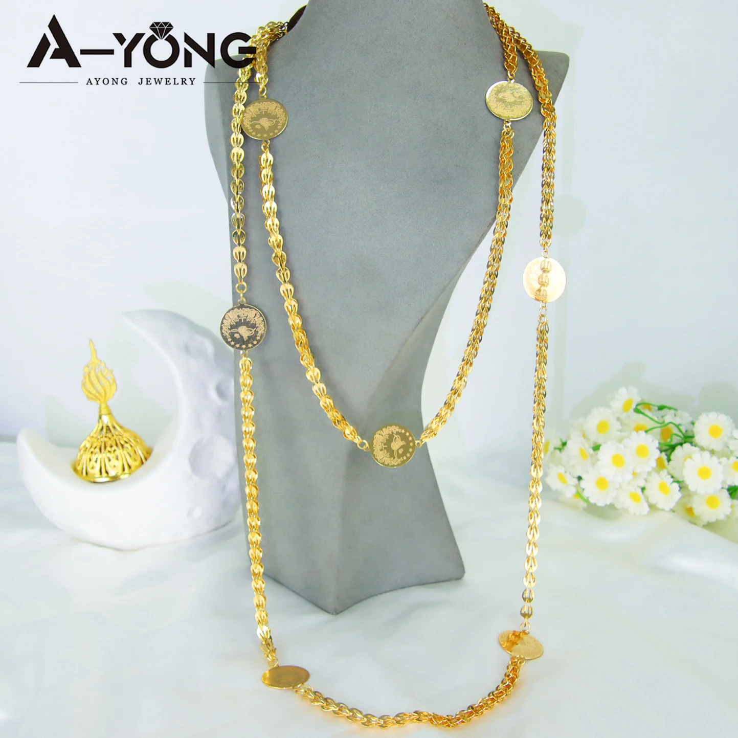 

Dubai Bride Wedding Jewelry Long Necklace 21k Gold Plated Turkish Vintage Coins Chains Ethiopian Women Daily Party Jewelly