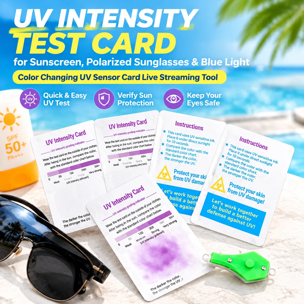 UV Intensity Test Card for Sunscreen, Polarized Sunglasses & Blue Light, Color Changing UV Sensor Card Live Streaming Tool