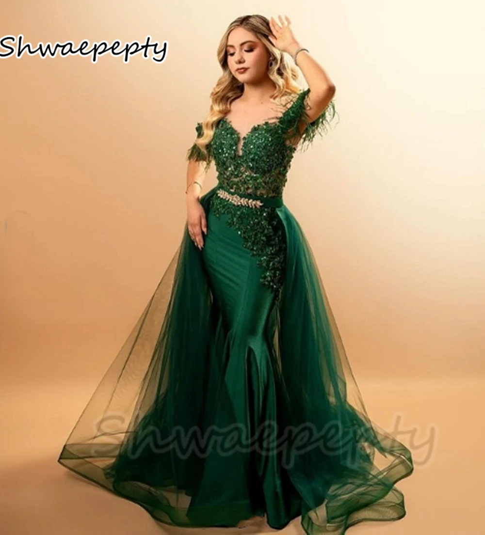 Elegant Green Mermaid Evening Dresses Feather Off Shoulder Long Prom Dress Lace Appliques Detachable Reception Gowns