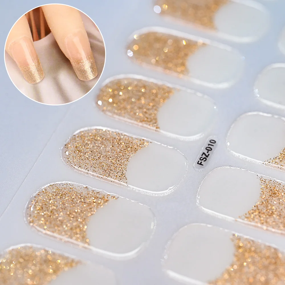 16 Tips/Sheet French Semi Cured Gel Nail Strip Sticker UV/LED Lamp Cured Glitter Nail Gel Polish Wraps Full Cover Nail Decals
