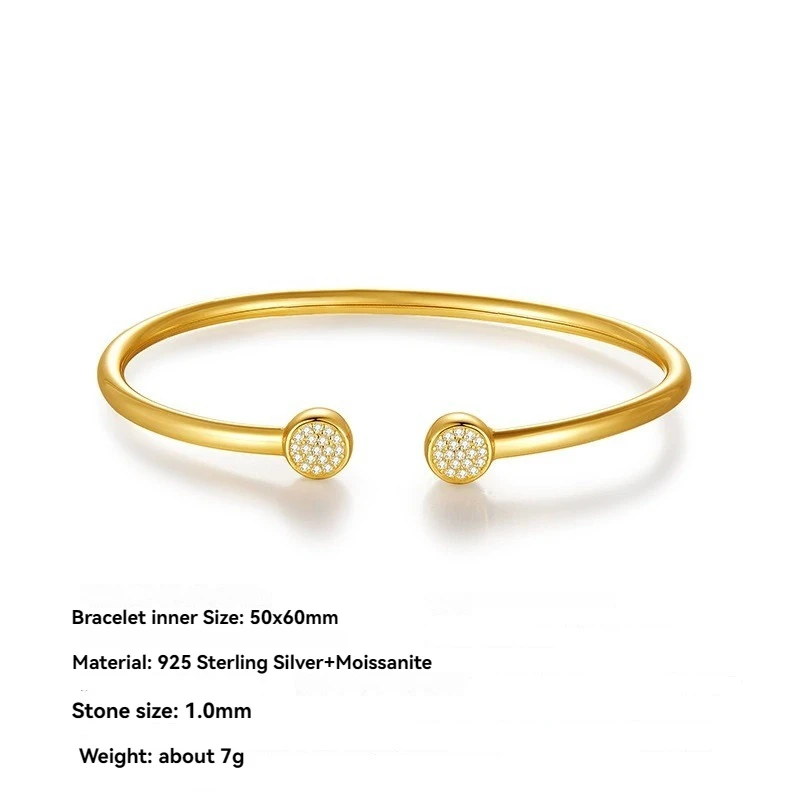 

925 Sterling Silver Full 1mm Moissanite Women's Cuff Bracelet - Gold Plated Wedding Open Bangle & Engagement Bridal Jewelry